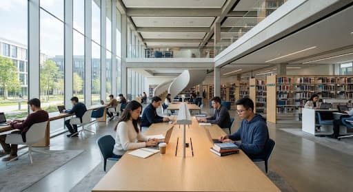 Students and staff collaborating in a modern campus library