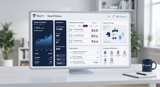EduOS dashboard preview showing key metrics, schedule, and campus overview