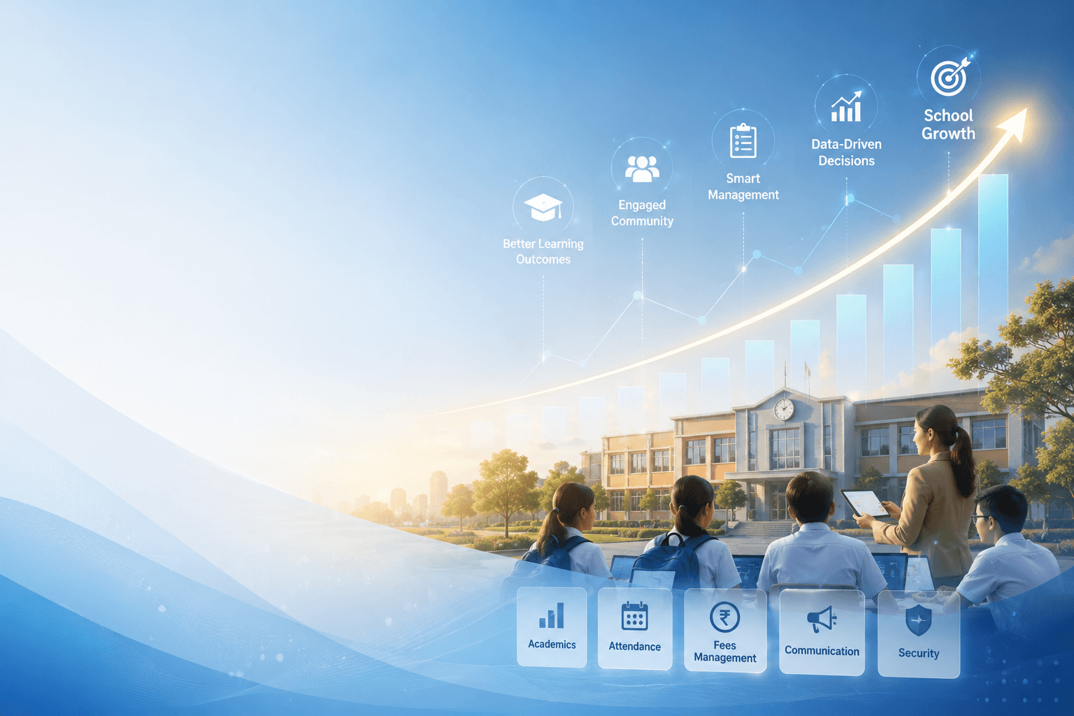 EduOS dashboard preview showing key metrics, schedule, and campus overview